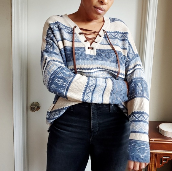 Chaps Sweaters - Chaps Nordic Style Textured Suede Lace Up Sweater